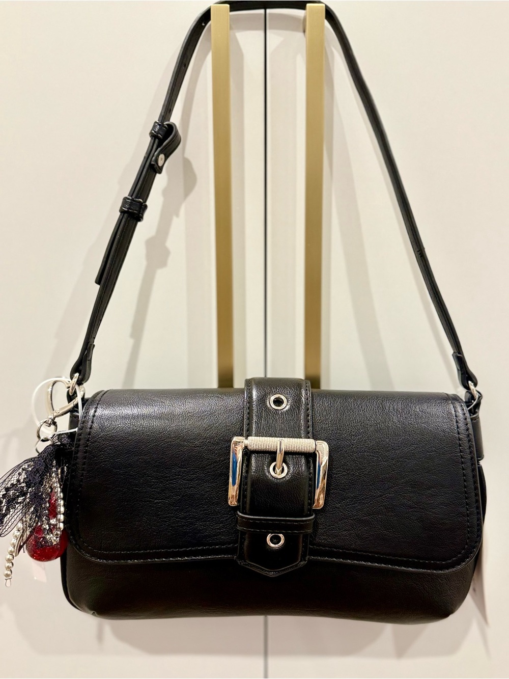NWT Steve Madden Black Baguette Shoulder Bag w/ Cherry Charm